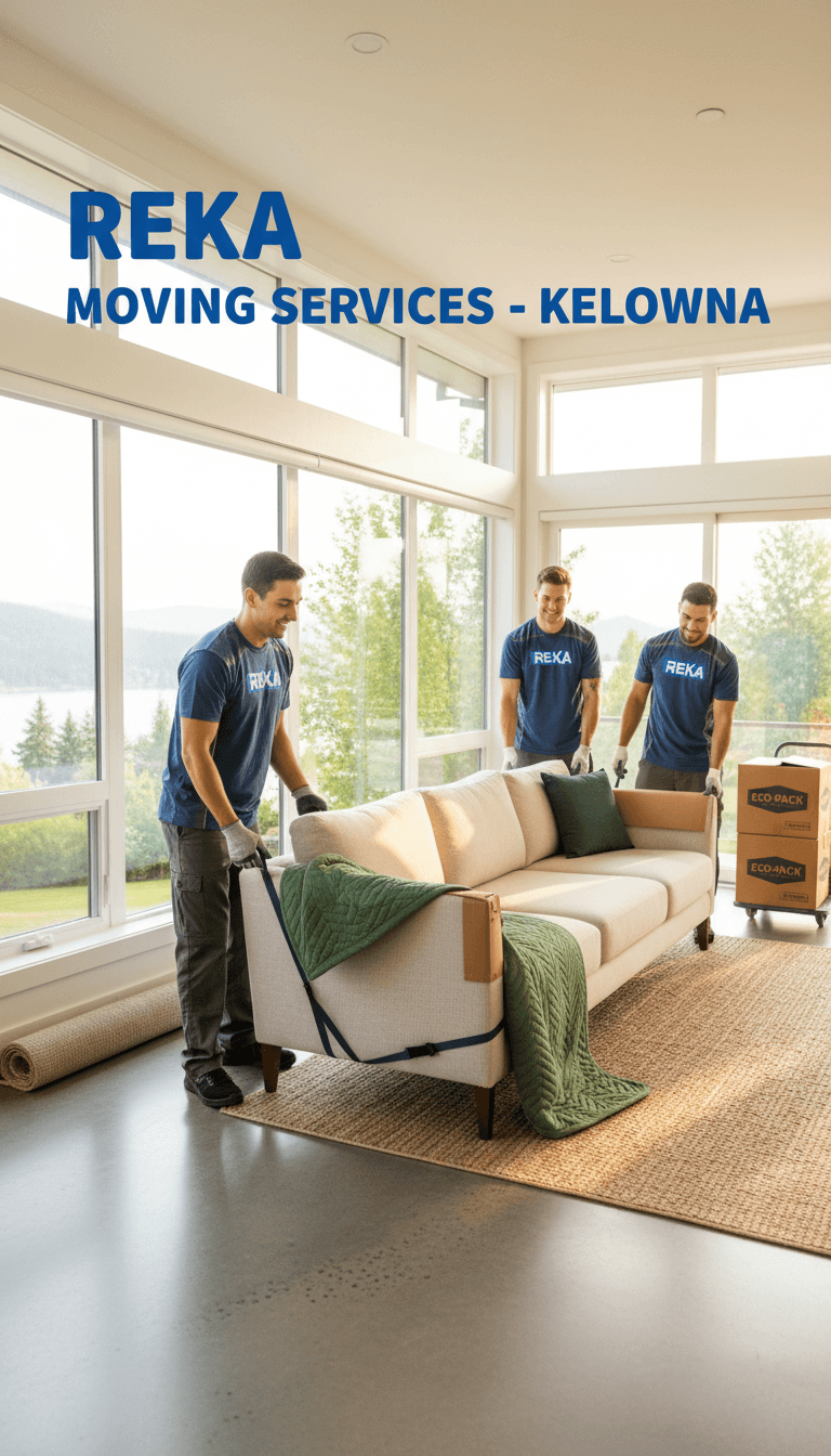 REKA moving team handling a sofa in a bright Kelowna home, showcasing professional service
