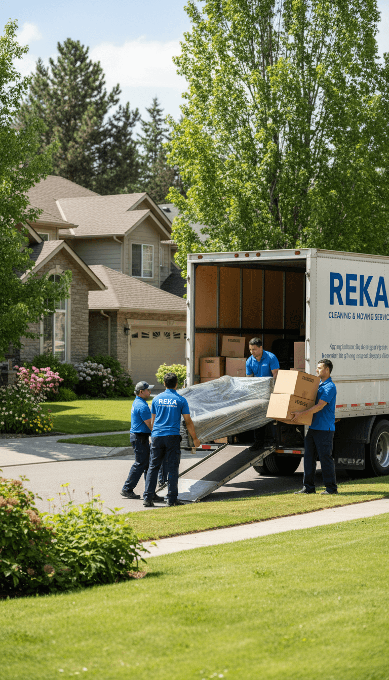 Professional moving team loading furniture into a truck in a suburban neighborhood.