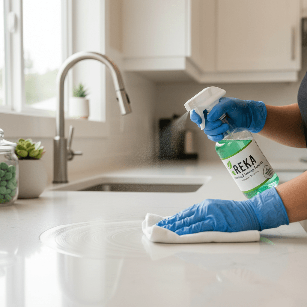 Cleaner in gloves using spray bottle on white kitchen countertop in natural light