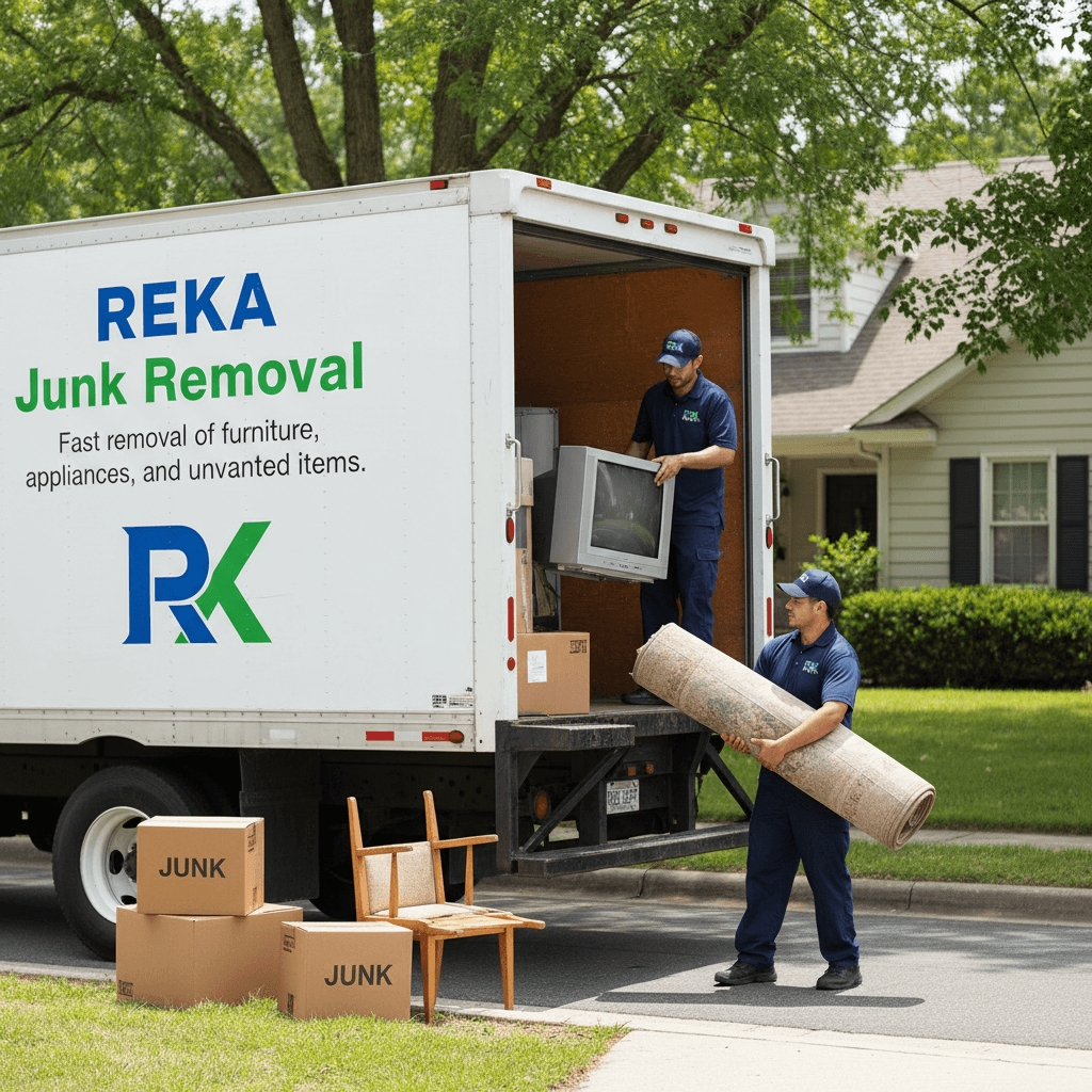 Professional moving team loading furniture into a truck in a suburban neighborhood.