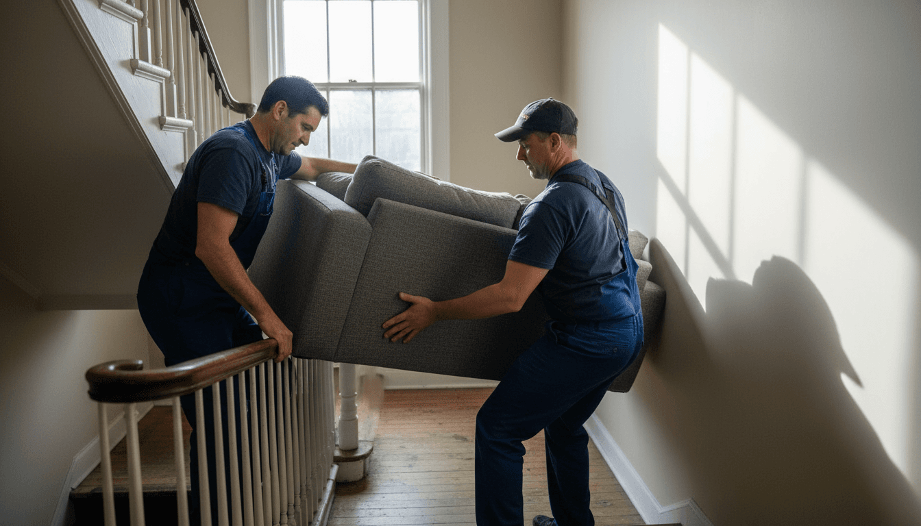 Two professional movers carefully guiding a sectional sofa up an apartment stairwell with focused coordination and expertise