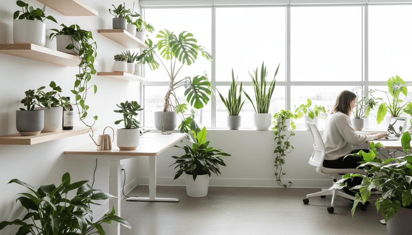 Modern home office workspace with abundant potted plants on shelves and desk, employee working surrounded by green foliage and natural light