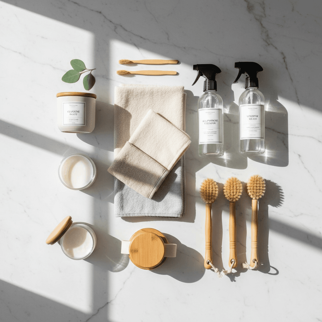 Artfully arranged eco-friendly cleaning supplies including brushes, cloths, and non-toxic bottles on white marble