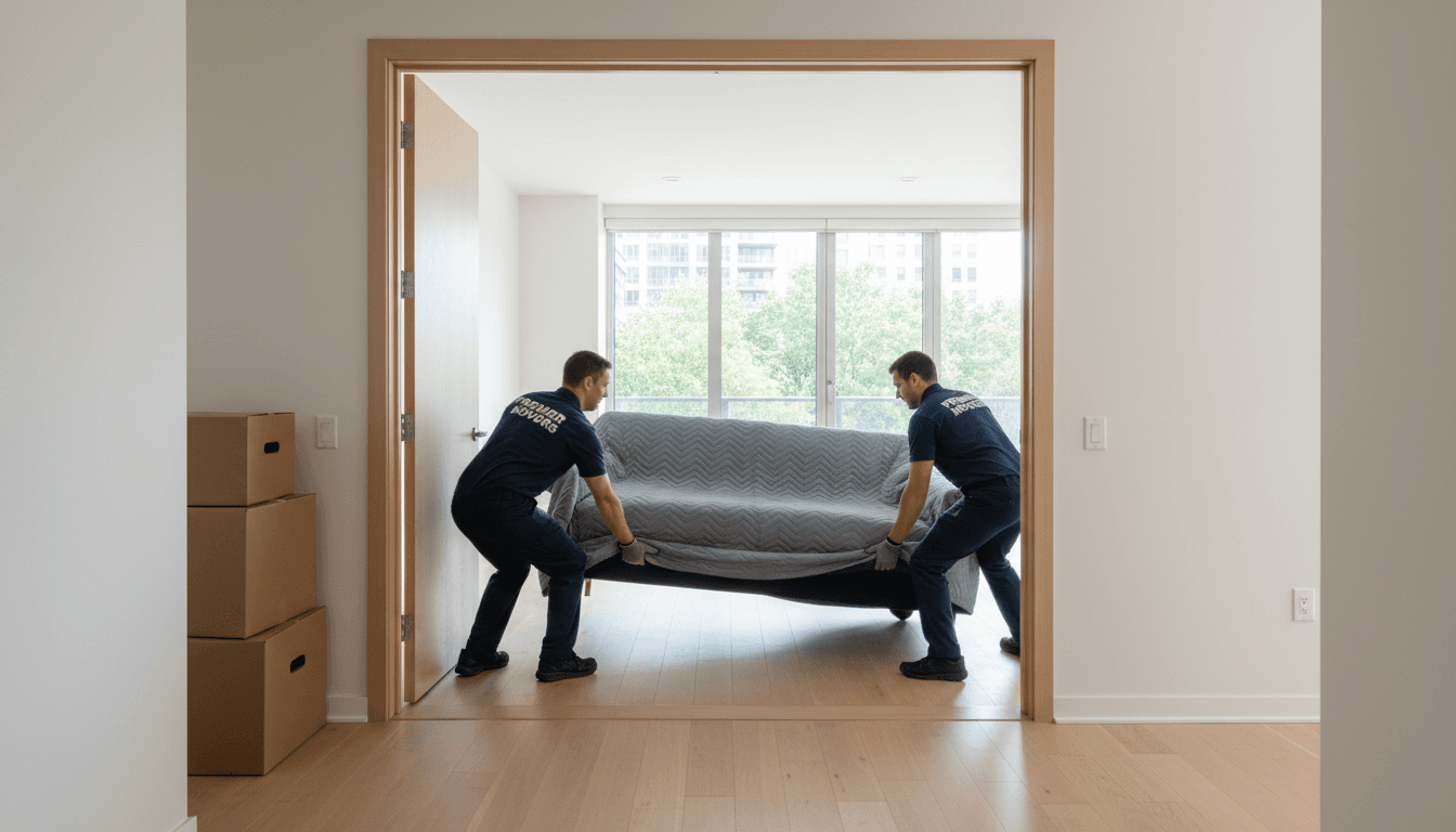 Professional moving team carrying wrapped sofa through residential apartment doorway with natural light streaming in