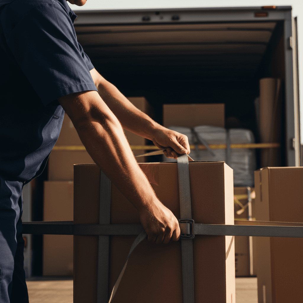 Moving crew member securing boxes with straps inside cargo truck bed during relocation service