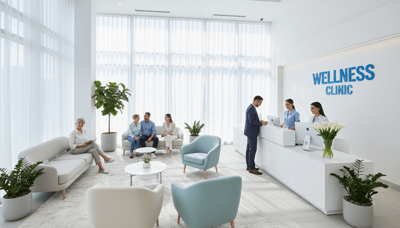 Bright modern clinic waiting room with diverse patients and friendly staff at reception desk, conveying welcoming healthcare environment