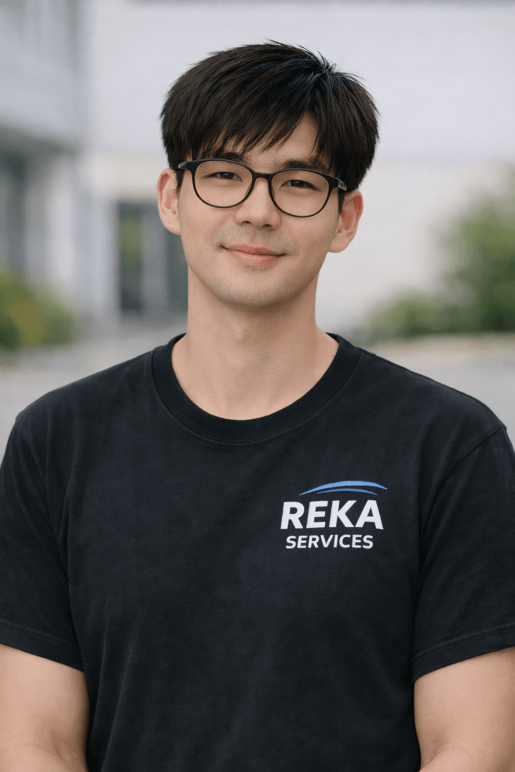 Smiling man with dark hair and glasses wearing a black REKA SERVICES t-shirt outdoors.